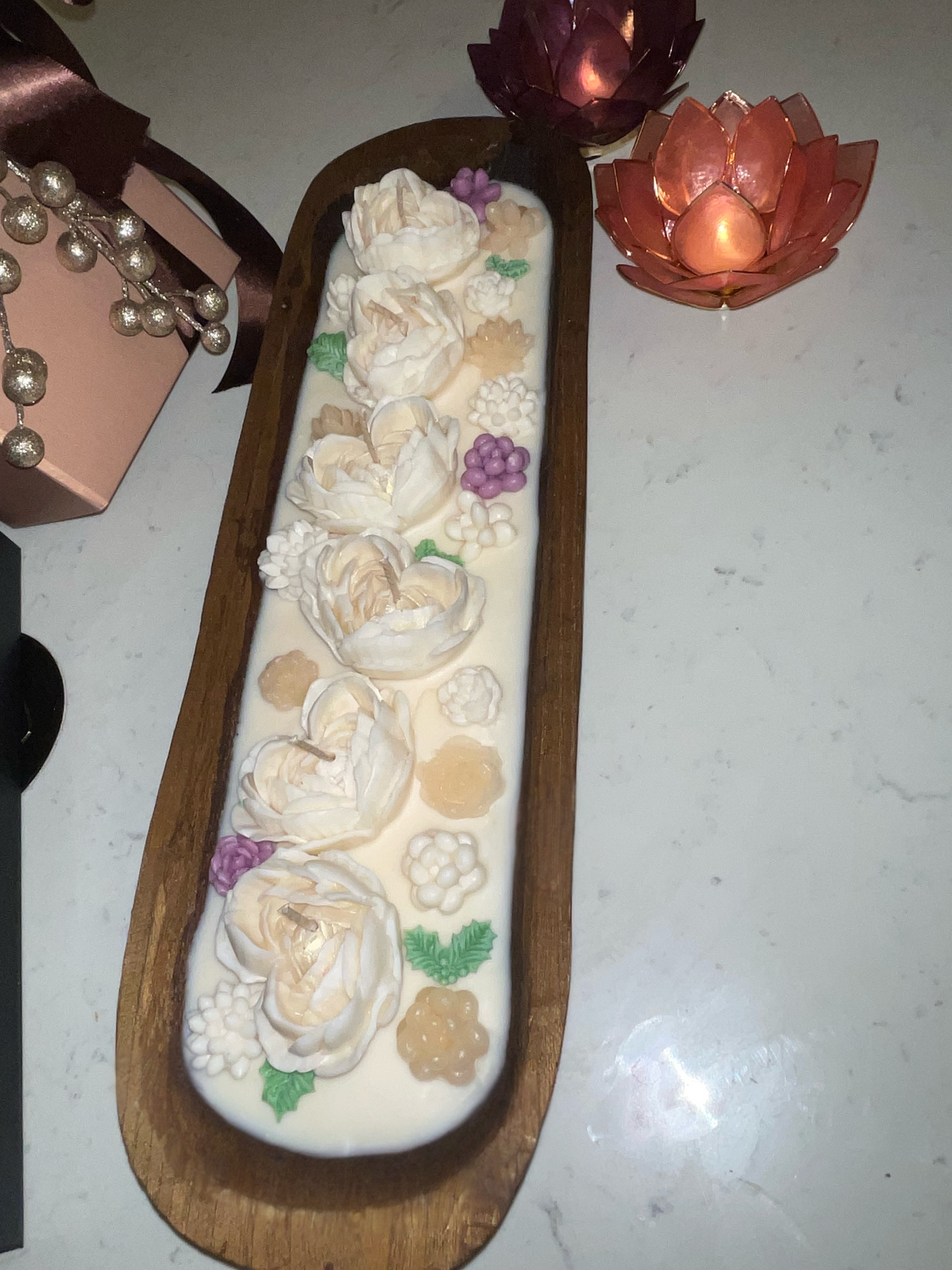 20-Inch Cremewood Floral Candlelight Centerpiece (Unscented)