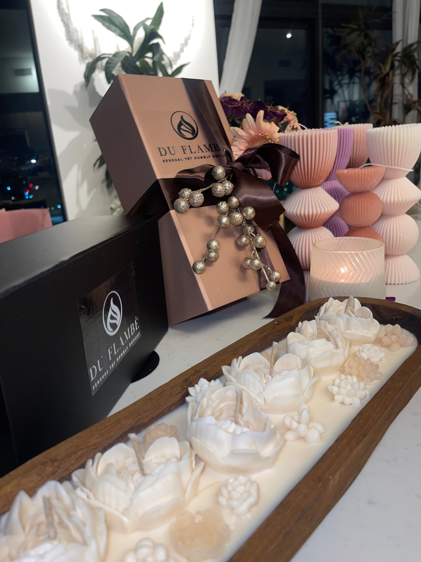 20-Inch Cremewood Floral Candlelight Centerpiece (Scented)