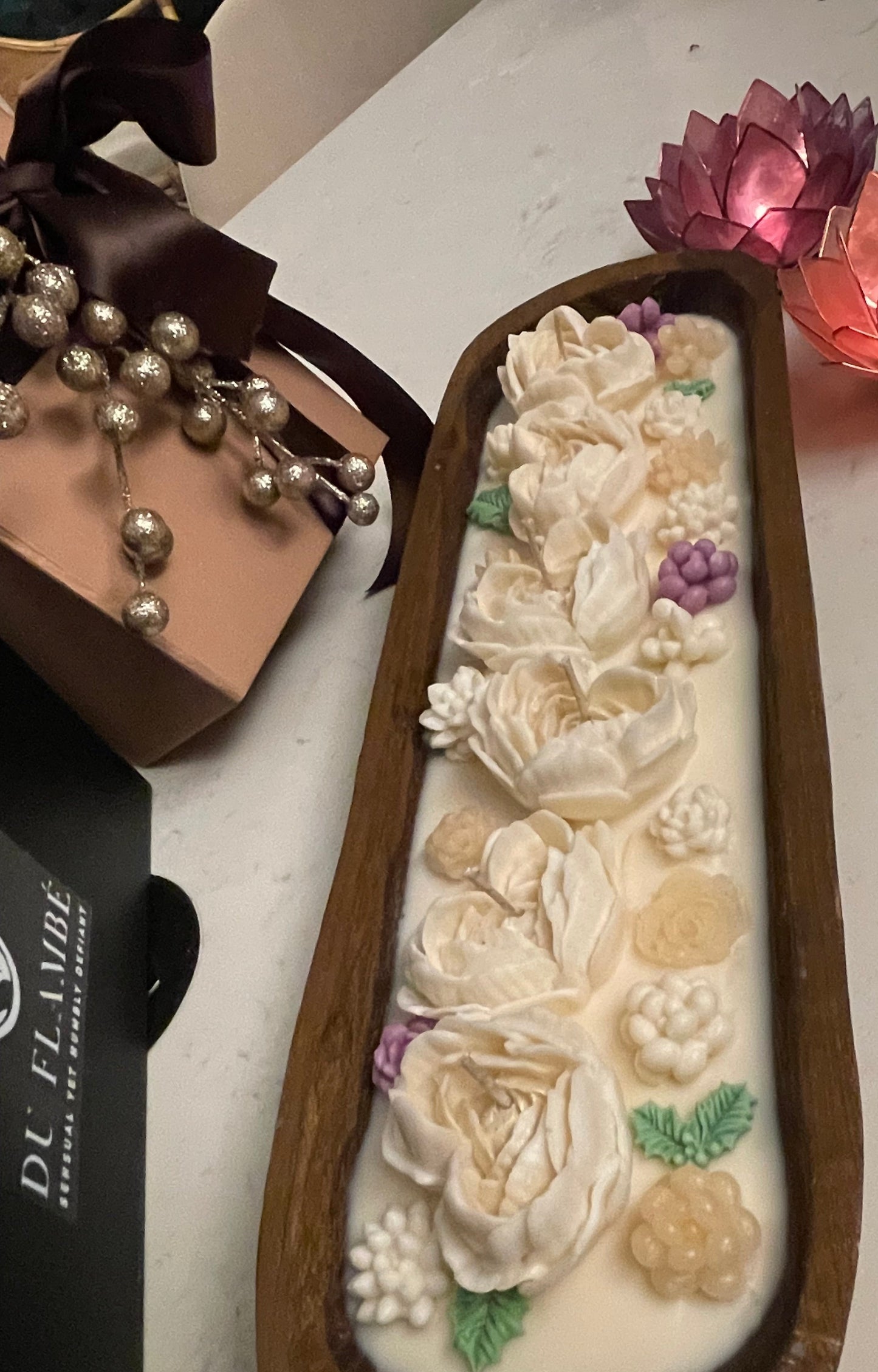 20-Inch Cremewood Floral Candlelight Centerpiece (Unscented)